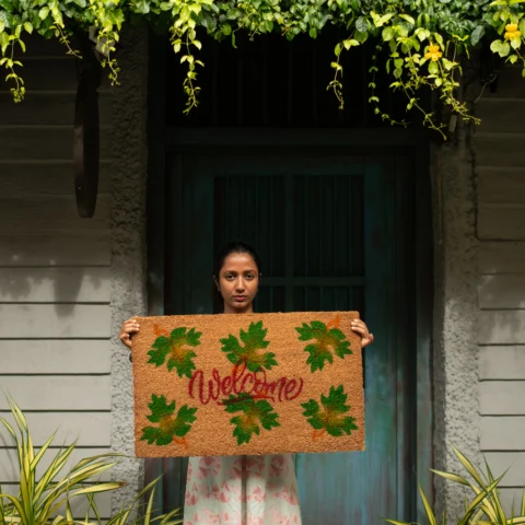 Leafy Print WELCOME Coir Doormat